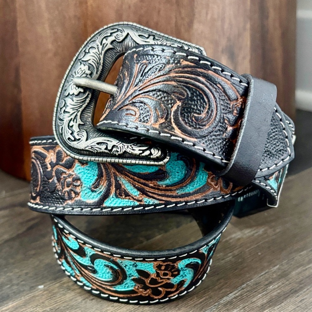 American Bison Genuine Leather,tooled floral,turquoise accents,silvertone buckle